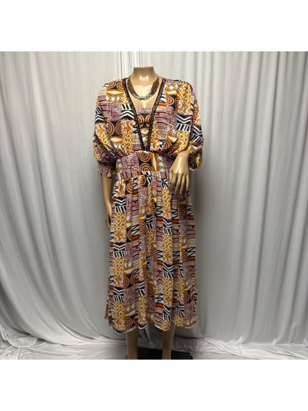 Midnight Velvet Dress Womens Size 10 Boho Geometric African Inspired Midi NEW